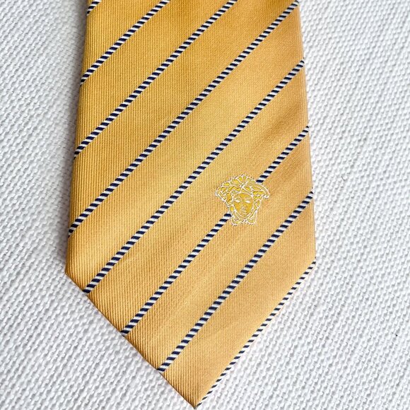 Versace Men’s Silk Tie Yellow Stripe Medusa Head Logo Made in Italy Authentic - Picture 1 of 7